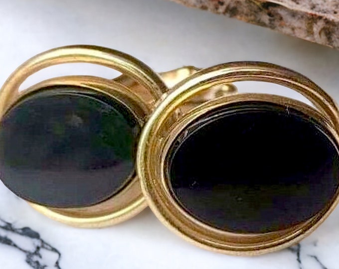 Luv These Too, Onyx Goldtone Anson Cufflinks, Vintage Classic  Cufflinks, Mid Century Classy Formal Accessory For Timeless Stylish Ones