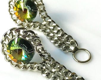 Stunning Wrap Cufflinks Chunk Chain Vintage Cuff Links, Round Multicolored Rivoli Crystal Center, Special Event Glam Fairytale Wedding Groom