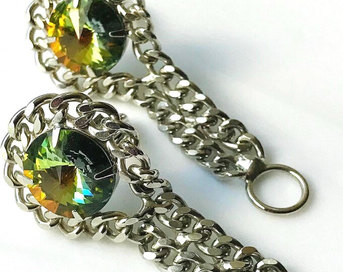 Stunning Wrap Cufflinks Chunk Chain Vintage Cuff Links, Round Multicolored Rivoli Crystal Center, Special Event Glam Fairytale Wedding Groom