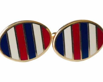 Red White and Blue Vintage Cufflinks Get Your Independence Day Style On, Vintage Striped Cuff Links, Mid Century Gold Tone Enamel Cufflinks