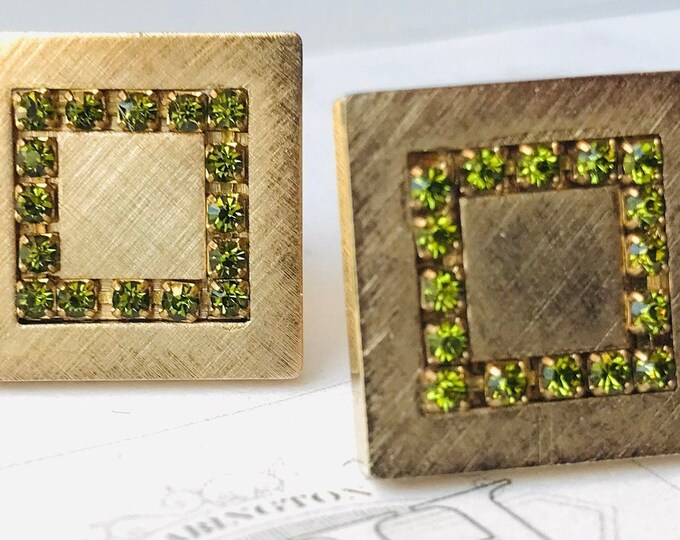 1950s Swag, Vintage Cufflinks Gold-tone Squares with Olive Green Highlights, Florentine Classy Gift, Groom Gift