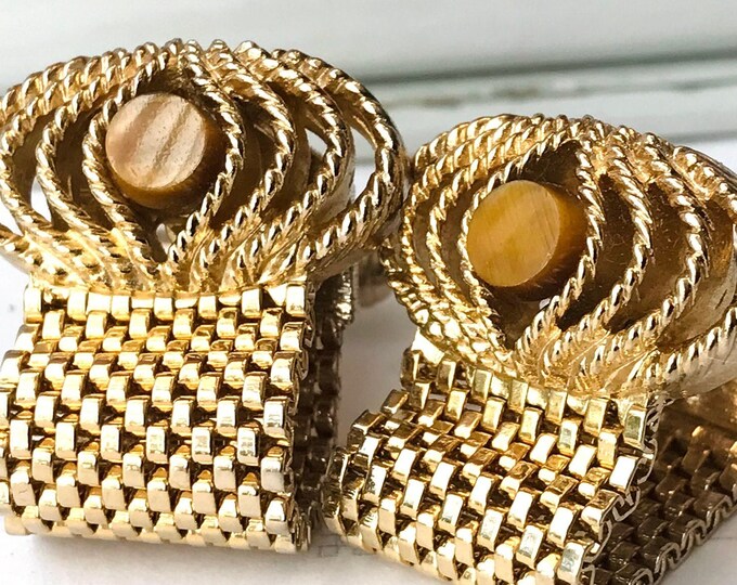Handsome Eclectic Cufflinks, Vintage Wrap Around Cufflinks, Gold-tone Tigers Eye,  Mid Century Classy Groom Gift