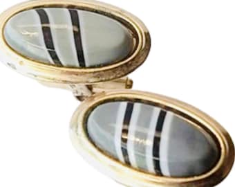 Haberdasher Handsome Retro Neutral CuffLinks, Gray Stripe Black in Goldtone, Smart Dapper Oval Touch of Class, Man Gift