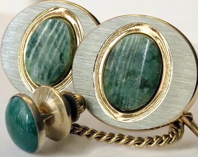 Jade Vintage Cufflink Tie Pin Set, Oval Shaped Natural Stone Set in  Brushed Finish Silver Tone Gold-Tone Accent Casing, Gentleman Gift