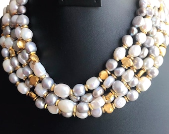Freshwater Pearl Necklace: Iridescent White & Black, 18K Gold Plated, Bridal