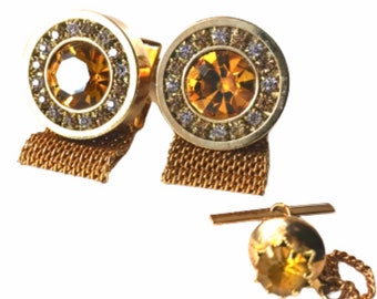 Here Comes The Sun Vintage Golden Faceted Rhinestone Cuff Links and Tie Pin Set in  Gold-tone