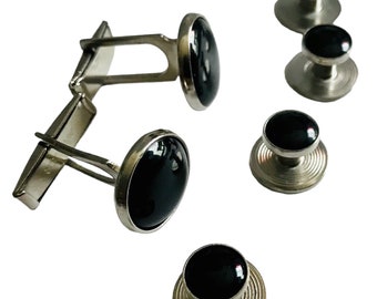Retro Silver-tone Cufflink Stud Set, Never Worn Shirt Button Stud Formalwear Set, Basic Lightweight, Black Round Enamel, Groom Tuxedo Accent
