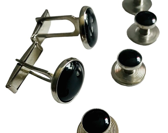 Retro Silver-tone Cufflink Stud Set, Never Worn Shirt Button Stud Formalwear Set, Basic Lightweight, Black Round Enamel, Groom Tuxedo Accent