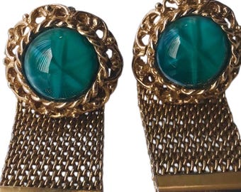 Green Vintage Cabochon Cuff Links, GoldTone Wrap Retro Mid Century Cufflinks, 1st Class Fashion, Prom Wedding Groom 60s 70s Formalwear Gift