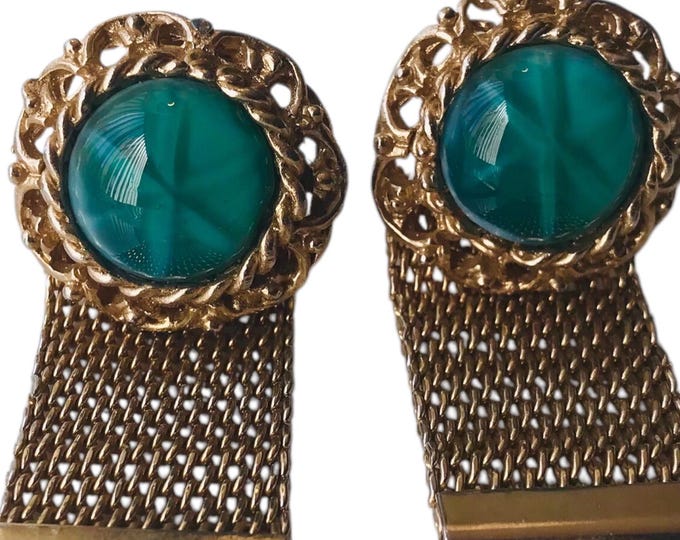 Green Vintage Cabochon Cuff Links, GoldTone Wrap Retro Mid Century Cufflinks, 1st Class Fashion, Prom Wedding Groom 60s 70s Formalwear Gift
