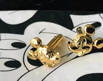Mickey Mouse Tie and Cuff Links, Vintage Pre-owned Mickey Mouse Collectible Necktie and Gold Tone Mickey Mouse Head Raised Design Cuff Links