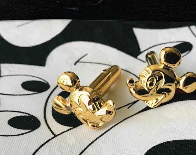 Mickey Mouse Tie and Cuff Links, Vintage Pre-owned Mickey Mouse Collectible Necktie and Gold Tone Mickey Mouse Head Raised Design Cuff Links