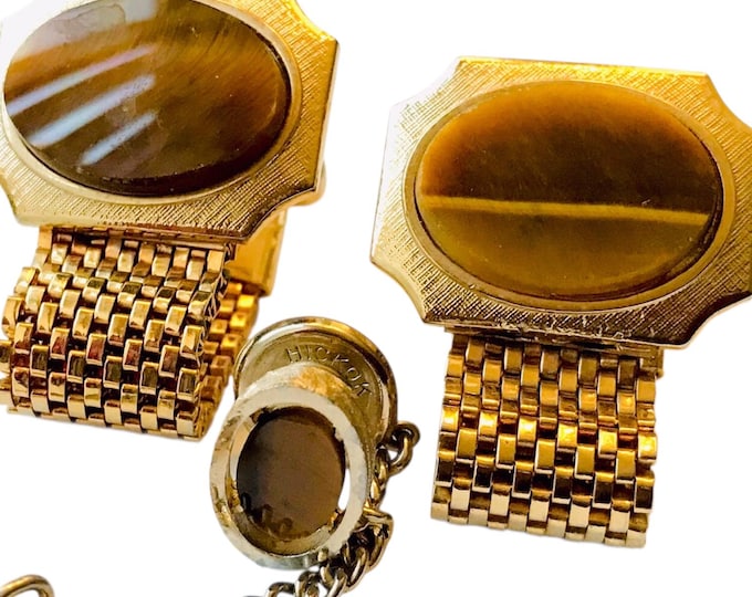 Vintage Tigers Eye Cufflinks Tie Pin Set: GoldTone Tigers Eye Set, Oval Shaped Stone, Florentine Finish Smooth Woven Formal Wrap Chain