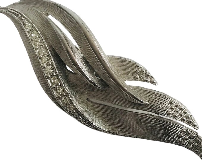 Silvertone Leaves Vintage Brooch, Mid Century Florentine Finish, Rhinestone Accents, Retro Swirl Pin, Classic Design Pin