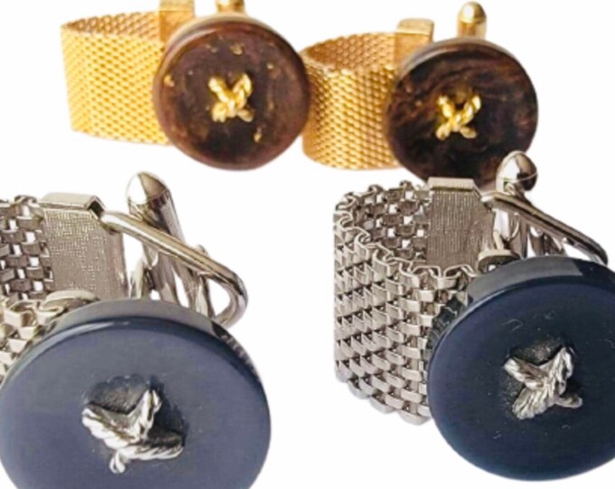 Two Sets of Vintage Cufflinks, Silver-tone Dark Gray Button Stitch Wraps, Gold-tone Dark Brown Wraps Retro Cufflinks, Gift This