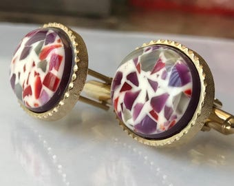 Mod Vintage Cuff Links, Multicolored Lucite Cabochon Set in Gold Tone Mixed Metal Alloy, Confetti Pattern Shades in Lavender Red Gray Cream