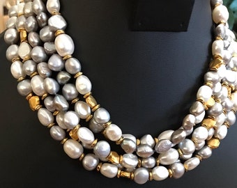 Gorgeous Freshwater Pearl Necklace, Mixed Iridescent White Black Variation Pearls, 18K Gold Plated Beads and Clasp by Jaded, Bridal Accent