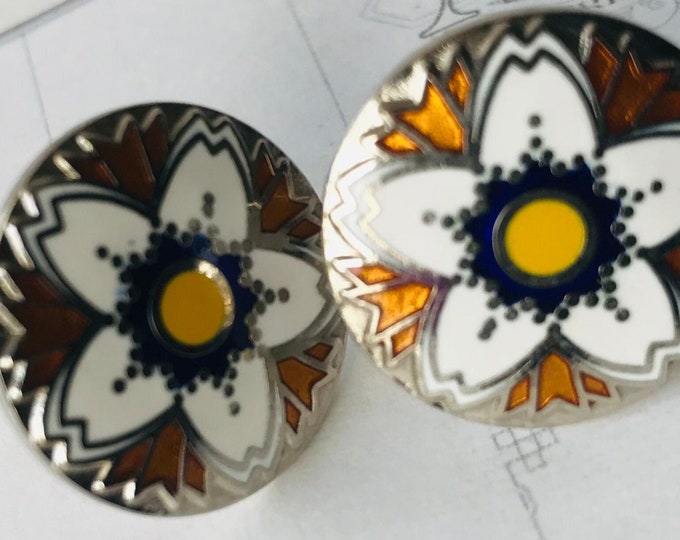 FLOWER POWER Vintage Cufflinks Navy Yellow Enamel on Silver-tone Groovy!