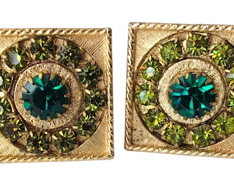 Vintage CuffLinks GoldTone Mesh Chain Wrap, Groovy Recessed Circular Row of Green Rhinestones Roped Edge on Square Cufflink, Formal Menswear