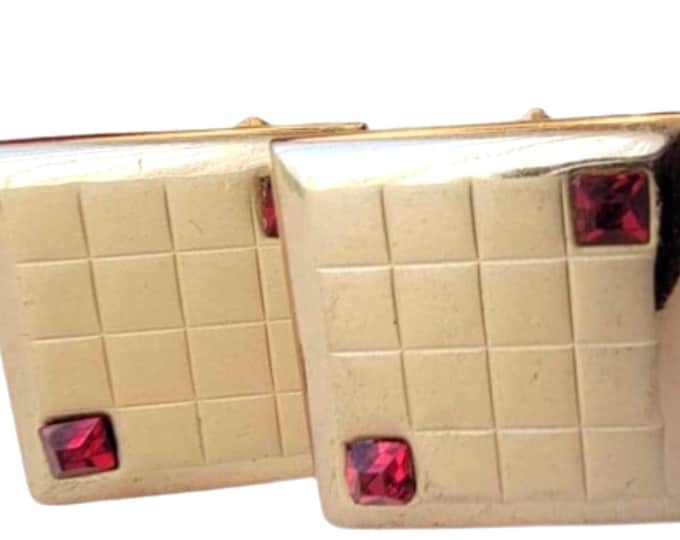 Vintage Cufflinks, Retro Dress to Impress Gold-tone Cuff Links, Smart Grid Squares, Red Crystal Corner Accent for LOVE, MidCentury Gift