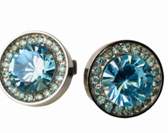 Blue Crystal Cufflinks, Retro Cufflinks, Christmas Gift, Wedding, Prom Vintage Cufflinks in Blue, Round Rivoli Crystal and Silver-tone
