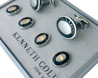 Modern Classic Kenneth Cole Cufflink Tuxedo Shirt Stud Set, Oval Brushed Silver-tone Black Enamel Outline, Four Studs, Essential Formalwear