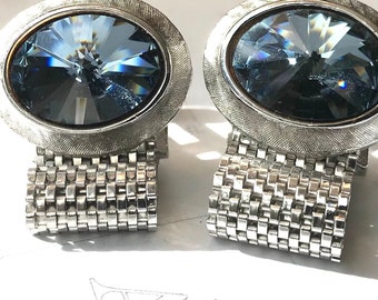 Vintage Blue Rivoli Stone Cufflinks,  Oval Shaped Silver-tone Wrap, 60s-70s Mid Century Modern CuffLinks, Something Blue Wedding Cuff Links