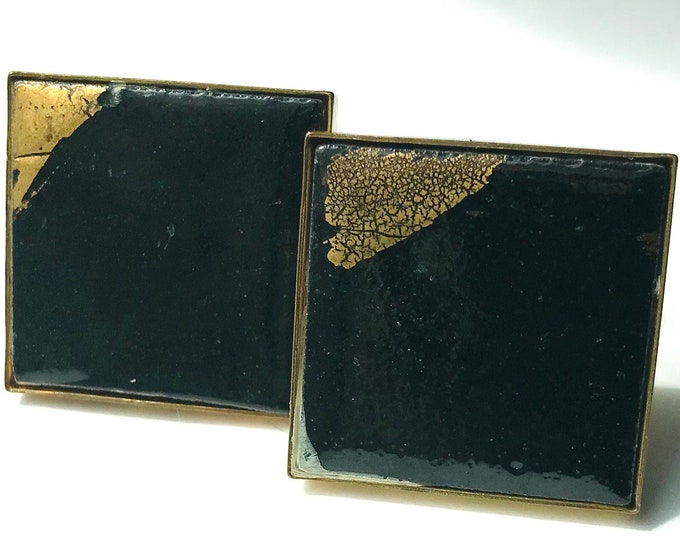 Black and Gold Modern Art Vintage Cufflinks, Goldtone Metal, Black Lacquer Square Cuff Links, Mid Century Mens Jewelry, Retro Fashion Gift