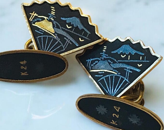 Vintage Japanese Damascene Cufflinks by Amita Jewelry, Kyoto, Small Black Fan Shaped Cuff Links, Etched Design, Mid Century Jewelry Gift
