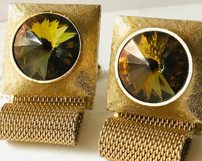 Cool Vintage Gold-tone, Retro Mesh Chain, Wrap Around Cufflinks, Rivoli Stone