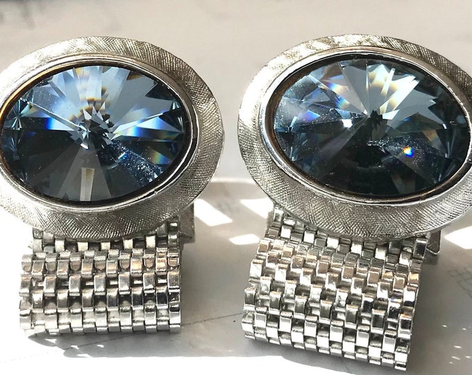 Dashing Pacific Blue Silver-tone Vintage Cufflinks, Blue Wrap Cufflinks, Fabulous Groom Accessory, Popular Retro Classic Design, Groom Gift