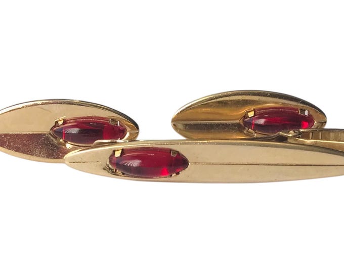Retro Mid Century Modern Tie Clip and Cufflink Set, Oval Shaped Atomic Design, Goldtone with Red Stone Accent, Vintage Man Accessory