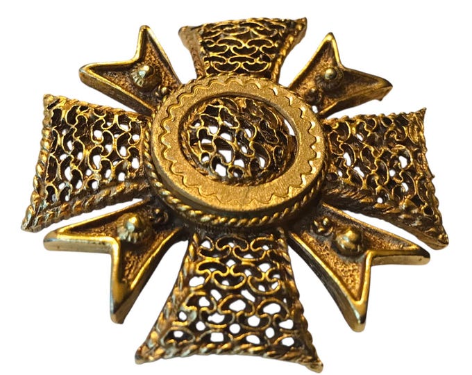Maltese Cross Sunburst Lapel Pin Brooch, Goldtone Regal Heraldry Cross Pin, Old World Royal Design