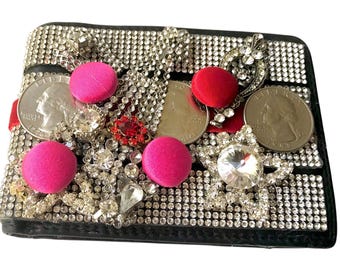Crystal Embellished Reworked Upcycled Wallet, Italian Leather Wallet, Black Soft Leather Billfold Wallet, Crystal Bling Money or Cash Holder