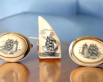 Vintage Ship Cufflinks and Tie Pin, Clipper Ship Theme, Faux Scrimshaw Cufflinks Tie Pin, Intaglio Nautical Theme, Full Sails Ship Design