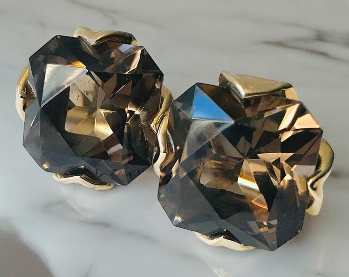 Spectacular, Classy Retro Cuff Links Glass Stone color of Smokey Topaz Gold-tone Mid Century Design