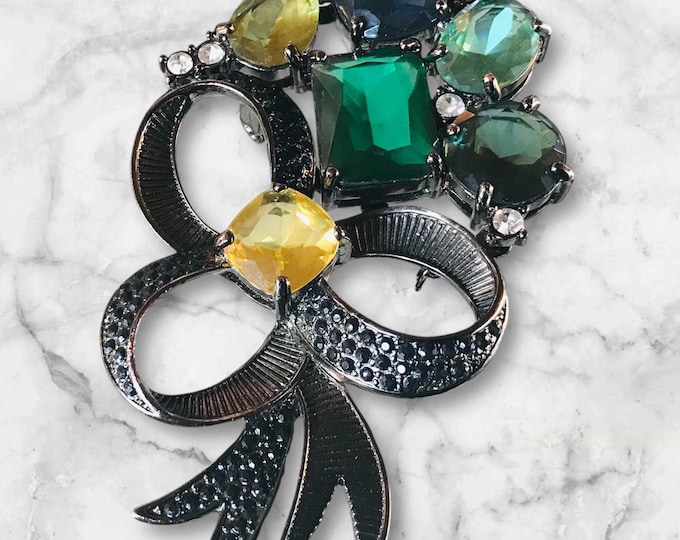 Large Vintage Avon Jeweled Tone Brooch Pin, Anthracite Gray Setting, Faux Gem Stones Green Yellow with Clear Rhinestone, Lapel Hat Accent
