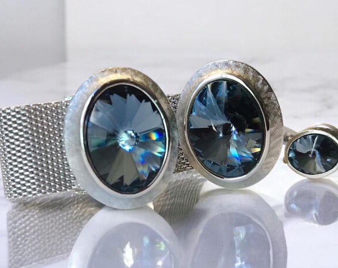 Vintage Swank Cuff Links Tie Pin Set, Beautiful Sky Blue Rivoli Multifaceted Crystal, Silver-tone Wrap Chain, Original Box