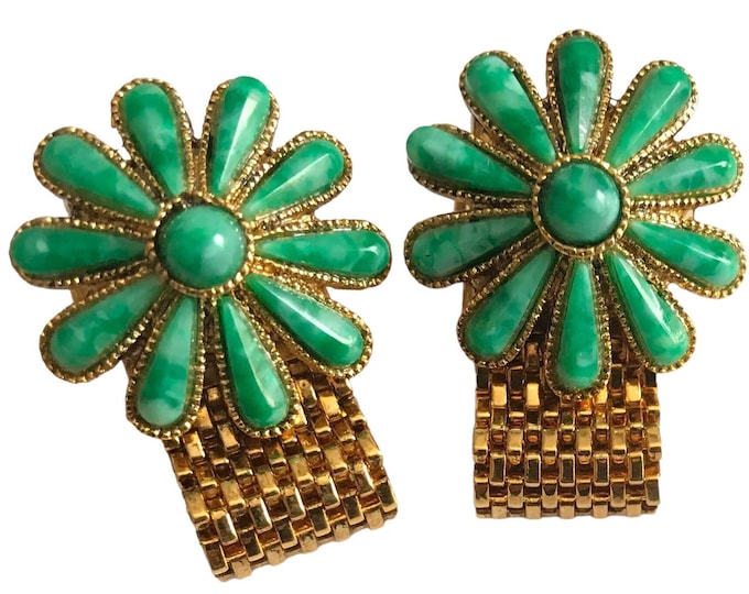 Floral Vintage Cufflinks, Groovy Green Happy Flower Design, Whimsical Mid Century Stylish Cuff Link Set, Gold-tone Wrap Chain, Prom Wear