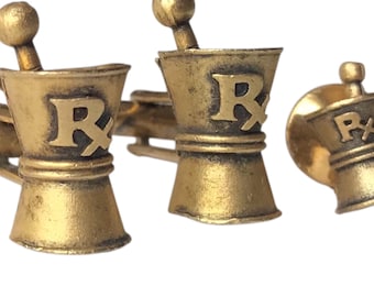 Pharmacy Compound Vintage Cufflink and Tie Pin Set, Retro Gold-tone RX Mortar and Pestle Cuff Link Set, Medical Theme Vintage Cufflink Set