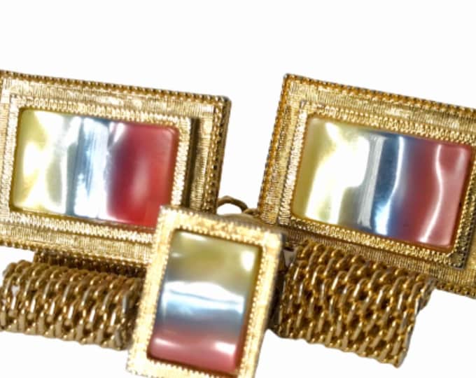 Pastel Cufflink Tie Pin Set, Retro Modern, Fresh Colors of Spring Yellow, Blue, Raspberry, Goldtone Setting, Shimmering Shell, Easter Gift