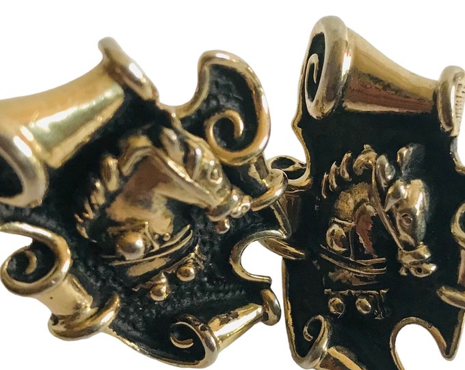 Swank MidCentury Trifecta Vintage Cufflinks, Gold-tone Winners Circle Horse Bust Scroll, Heraldic Royal Equestrian Cufflinks, Retro Gift