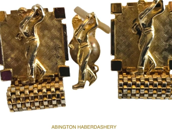Vintage Cufflink Tie Pin Set, Golf Swing, Mid Century, Gold-tone Wrap Chain, Retro Gift 4 The Masters, Golfer Tie Pin, Avid Golfer Gift