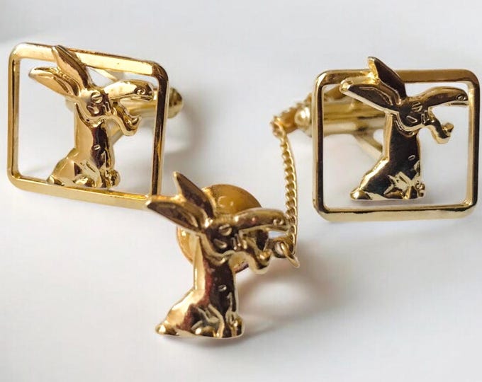 Vintage Gold-tone Cufflinks and Tie Pin Set, Donkey Theme Cuff Links Set, Mule Theme Jewelry, Novelty Detailed Mid Century Design
