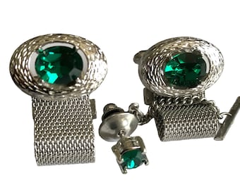 Classic Silver-tone Vintage Wrap Cufflink Tie Pin Set, Deep Velvety Green Oval Glass Stones, Handsome Mid Century Modern Design, Retro Gift