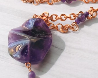 Statement Necklace, Vintage Amethyst Copper Necklace, Loop Chain, Large Abstract Accent Stone Round Polished Beads, Retro Fashion Jewelry