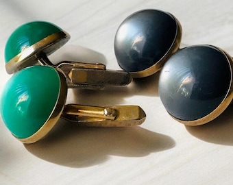 Two Goldtone Ultra Retro Cufflinks, Mid Century Round Glowing Cabochon Green and Gray Cuff Links, Minimalist Design, Executive Vintage Chic
