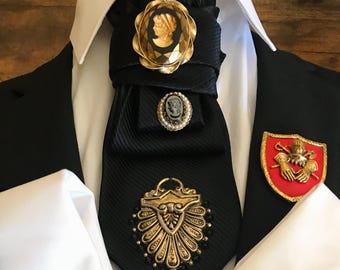 Charming Black Gold Upcycled Necktie Necklace, Gold-tone Choker, Black Silk Retro Repurposed Tie, Faux Cameo and Gold-tone Embellishments
