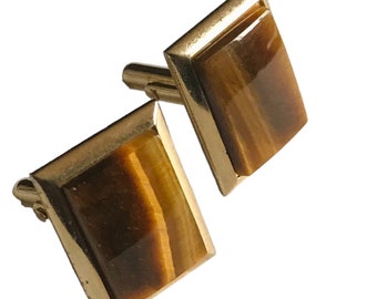Tigers Eye Vintage Cufflinks, Rectangular Goldtone Frame, Minimalist Mid Century Cuff Links, Classic Design, Mens Retro Fashion, Event Wear