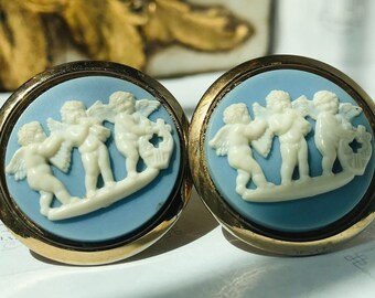 Cufflinks Three Angels Cameo, Handsome Romantic Gift, Sky Blue and White